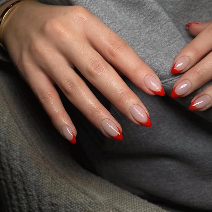 30Pcs Red French Tip Press on Nails Short Almond Nails Press ons, Short Fake Nails Almond Shaped Acrylic French Glue on Nails False Nail for Women, Natural Stiletto Nail 15 Sizes