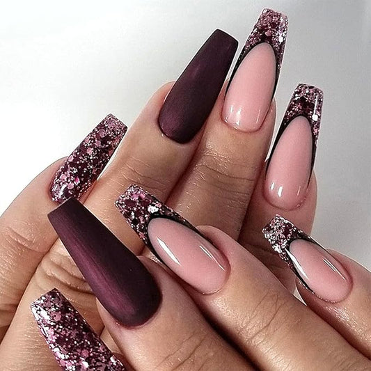 Coffin Press on Nails Extra Long Fake Nails Glossy Glue on Nails with Glitter Sequins Designs French Tip Nails Press ons Burgundy False Nails Claret Artificial Stick on Nails for Women 24Pcs