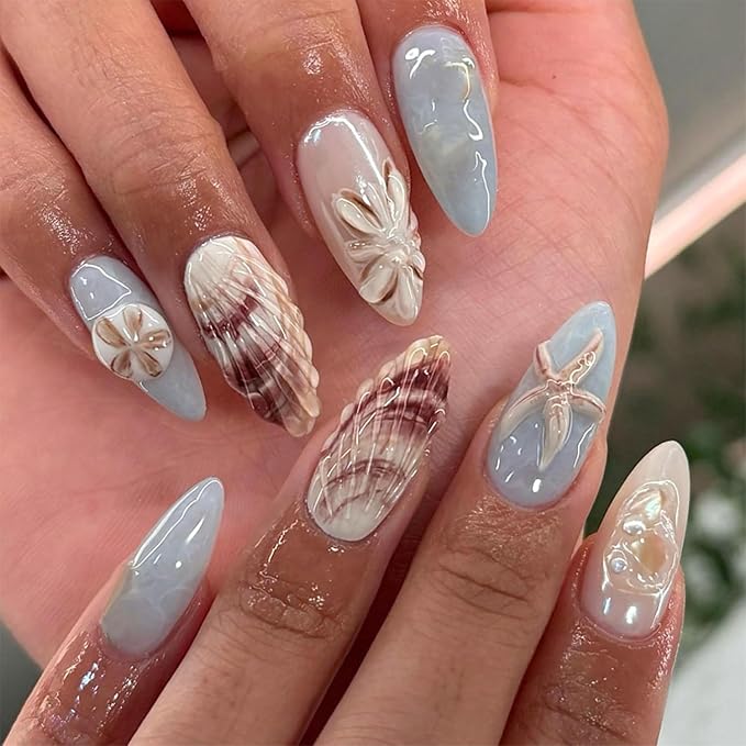 24Pcs Beach Press on Nails Medium Almond Fake Nails White Starfish Shell Design Blue Ocean False Nails Full Cover Artificial Glue on Nails Summer Hawaii Stick on Nails for Women DIY Manicure