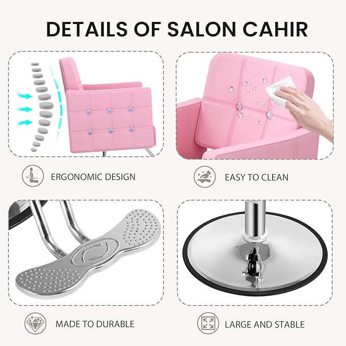 Professional Salon Chair for Hair Stylist, 350 Lbs Heavy Duty Hydraulic Pump, 360° Swivel Styling Chair with Adjustable Height, Barber Chair for Barber Shop, Spa, Tattoo Studio, Cameo Pink