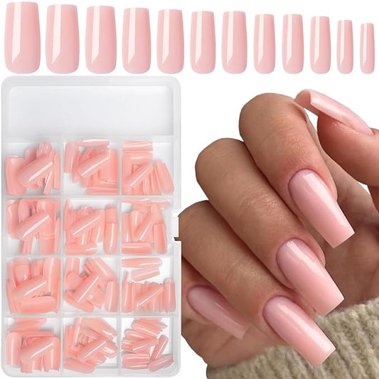 LuckForever 240pc Square Press on Nails Long Fake Nails Glue on Press on Nails Square Nail Tips Full Cover Nude Acrylic Nails Press ons Nail False Fingernail with Glue Adhesive Tabs for Women Girls