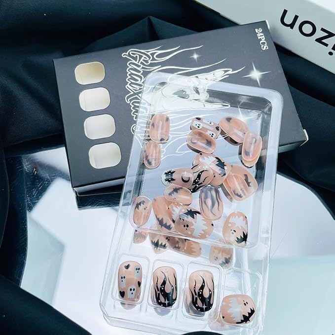 24Pcs Short Almond Press on Nails Halloween Fake Nails with Cute Ghost & Black Cat Bat Designs French Tip Glue on Nails Petite Almond Shaped Acrylic Nails Glossy Nude Full Cover False Nails for Women