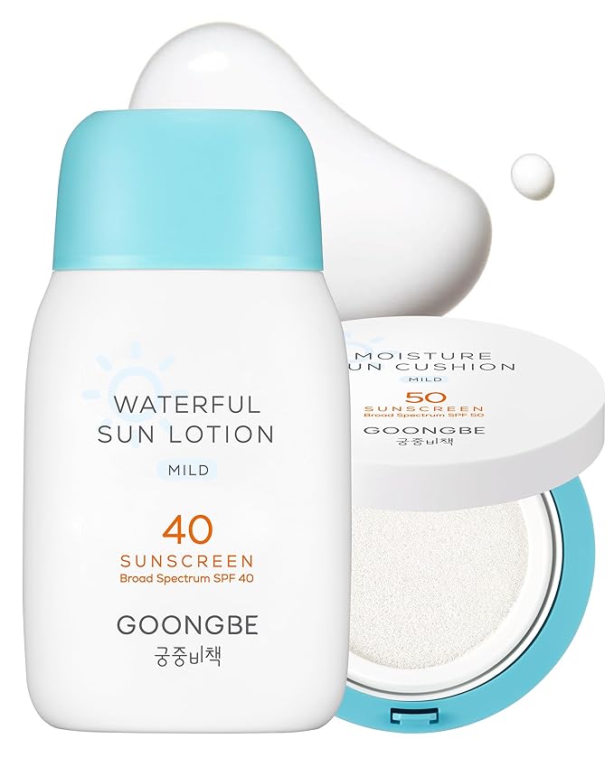 GOONGBE Sun Lotion SPF 40 & Moisture Sun Cushion SPF 50-100% Zinc Oxide Mineral Sunscreen - Vegan Reef-Safe for Babies Kids Adults - Korean Skincare, 2.82oz & Cushion 0.81oz