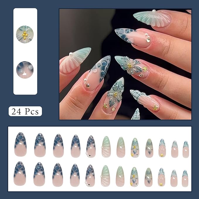 24Pcs Blue French Tip Press on Nails Medium Almond Fake Nails with Gold Seashell Designs 3D Flower Pearl Rhinestones Acrylic Stick on Nails Summer False Nail Tips Glue on Nail for Women