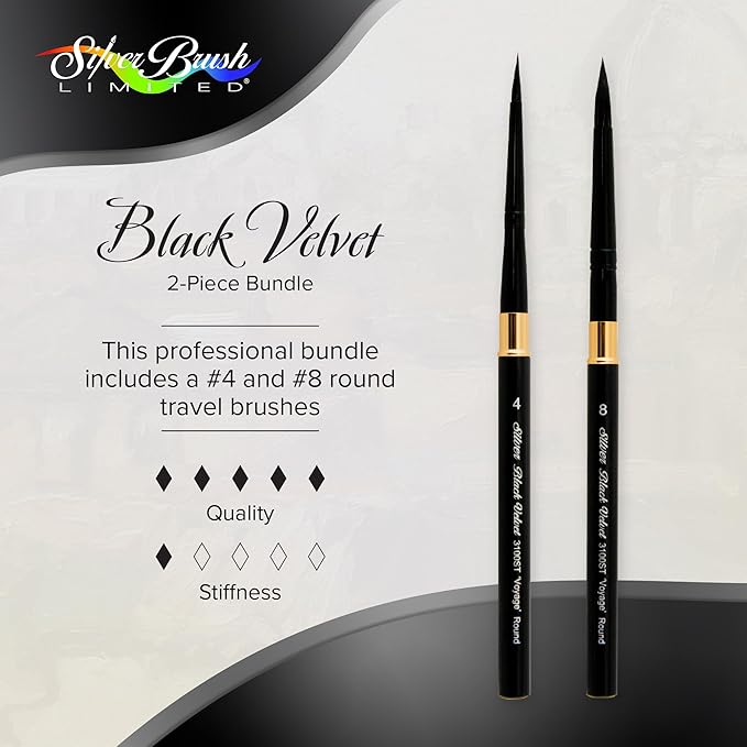 Silver Brush Limited BV-3061S Black Velvet 2pc Travel Round Set, Premium Short Handle Large Travel Round Brushes for Watercolor, Dyes & Silk Painting, Mixed Filament with Very Soft Tips, Sizes 4 & 8