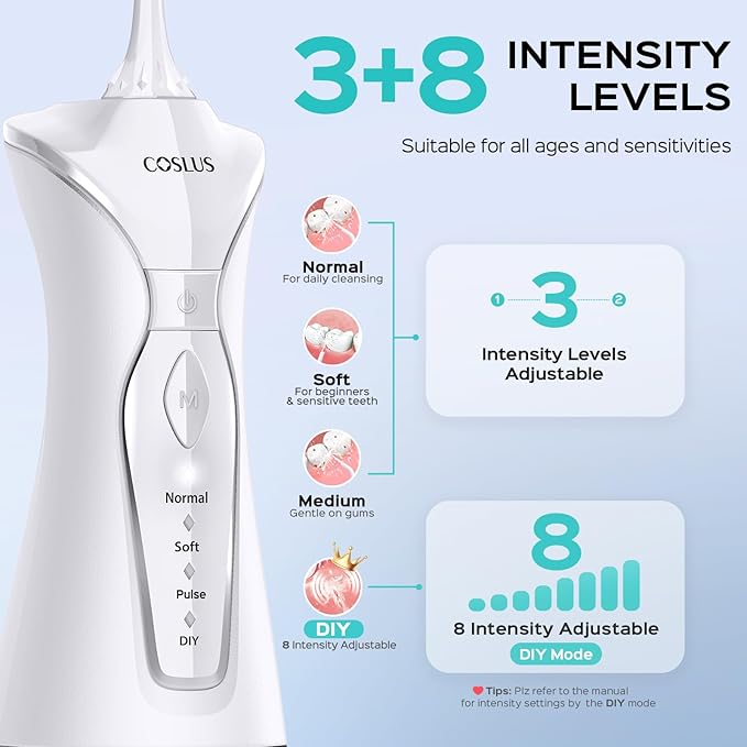 COSLUS Water Dental Flosser Pick for Teeth: 4 Modes Cordless Portable 300ML Larger Tank Water Teeth Cleaner IPX7 Waterproof Flossing Cleaning Picks for Home Travel White C30(FC5360)