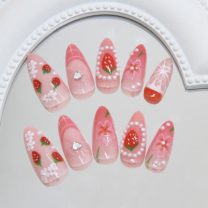 24Pcs Strawberry Press on Nails Medium Almond Fake Nails with 3D Pearl Designs Pink French Tip Acrylic Nail Cute Flower Bow False Nail Summer Glue on Nails for Women DIY Manicure