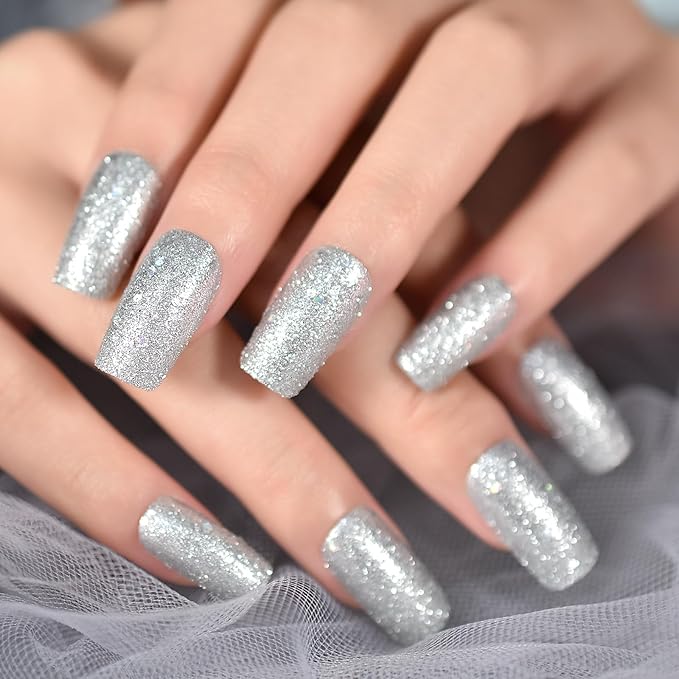 Pretty Full Cover Silver White Bling Glitter Press on False Nails Medium Long Square Salon DIY Manicure Reusable Fake Acrylic Nail Art Tips with Jelly Adhesive Tabs Nail File