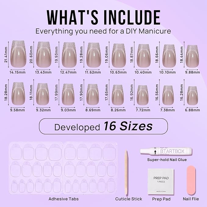 BTArtbox Press On Nails Short - Cat Eye French Tip Press On Nails Coffin, Light Weight & Fit Perfectly Nail Tips, Natural Fake Nail with Glue, Glue On Nails in 16 Sizes - 30 Nail Kit, Milky Way