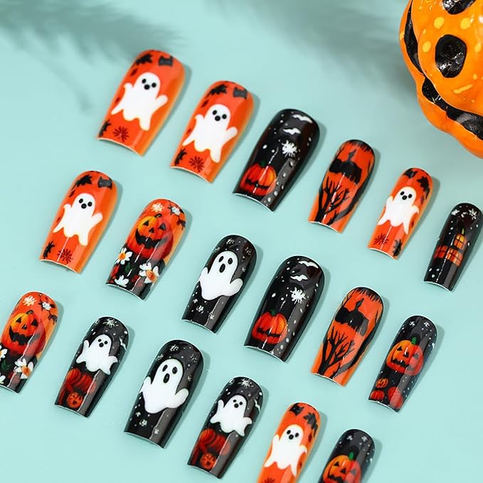 24Pcs Horror Pumpkin Press on Nails Medium Square Halloween Fake Nails Pumpkins Ghost Black Cat with Flower Full Cover Glue on Nail Goth False Nails Halloween Horror Stick on Nail for Women Acrylic