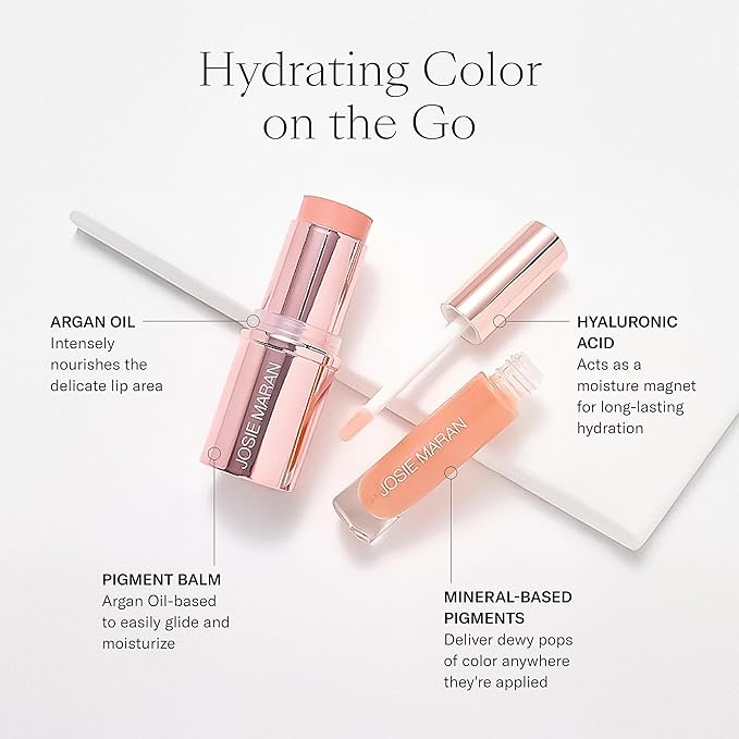 Josie Maran Color Stick & Lip Gloss Makeup Set - Argan Oil-Based Makeup Balm for Lips, Cheeks & Eyes + Hyaluronic Acid Infused Plumping Lip Gloss (2 Piece Set)