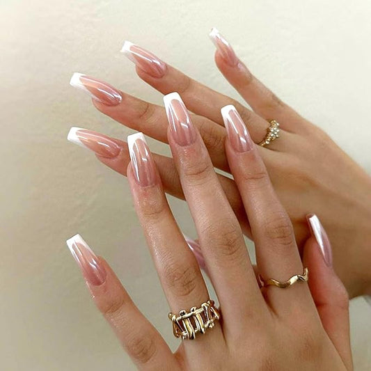 Coffin Press on Nails Medium White French Tip Acrylic Nails Press ons Nude Transparent Glue on Nails with Glossy Design Fake Nails Cute Artificial False Nails Girls and Women 24Pcs