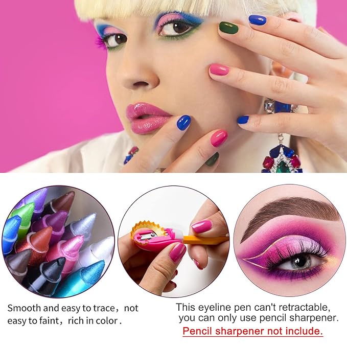 15PCS Colorful Eyeliner Pen Set, Eye Shadow Pencil, Pearl & Matte Metallic Glitter Eyeliner for Women, Eye & Lip Liner, Professional Eye Makeup Set