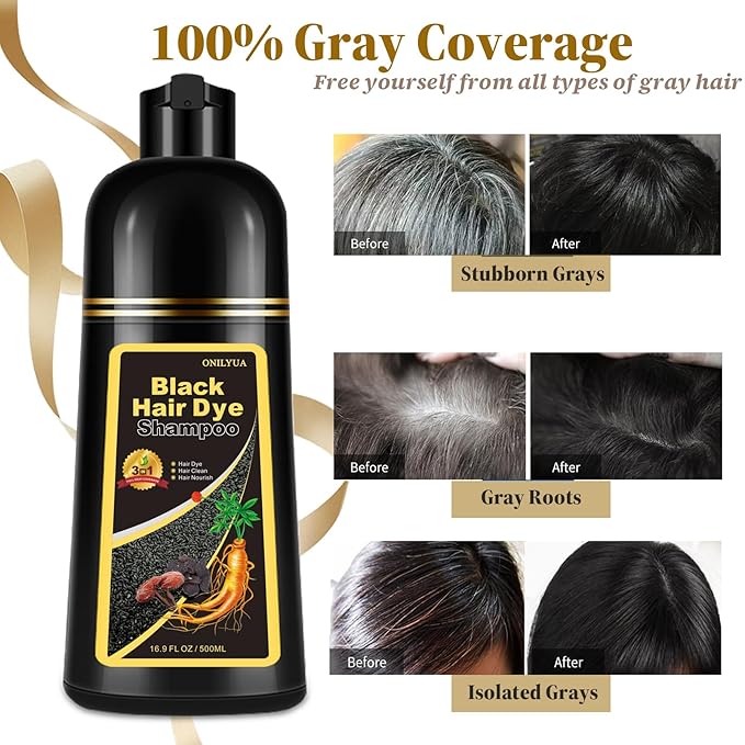 Instant Black Hair Dye Shampoo 3- in-1, 100 Percent Gray Coverage, Magic in 15 Minutes for All Types, Natural Women & Men, Color Depositing Conditioner, Easy to Use
