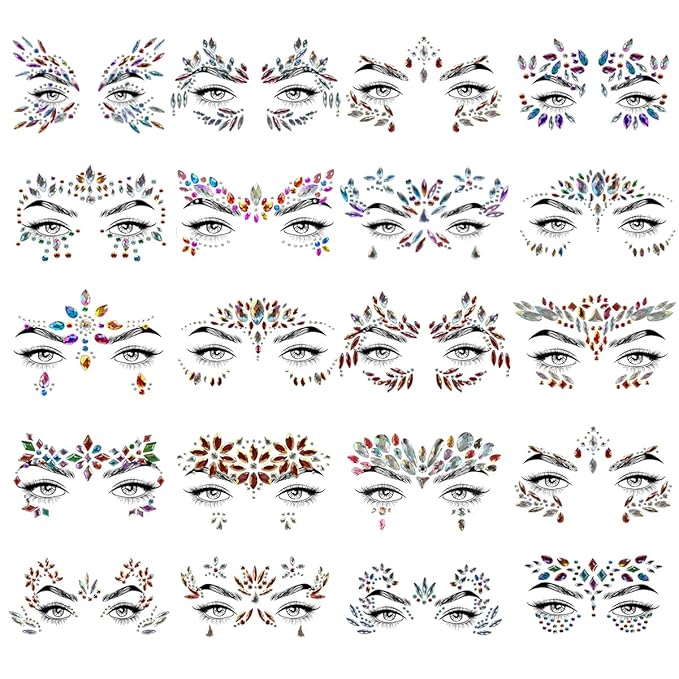 20 Sets Face Jewels Face Gems Mermaid Glitter Rhinestone Crystal Sticker Waterproof Eyes Face Temporary Tattoos for Party,Rave Festival,Carnival,Holiday Costumes,Rave Accessories,Makeup