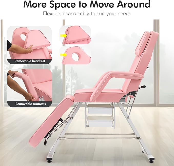 Tattoo Chair Facial Bed with Two Trays Esthetician Bed Adjustable Folding Salon Bed with Hydraulic Stool Massage Bed for Professional Massage Facial Lash Beauty Treatment Spa Pink