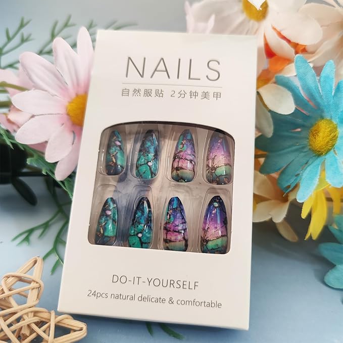 24Pcs Milky Way Press ons Fingernails Starry Sky Press on Nails Glossy Blue Gradient Medium Almond False Nail Curve Gel Glue on Acrylic Fake Nails Purple Ombre Stick on Nail for Holiday Manicure Art