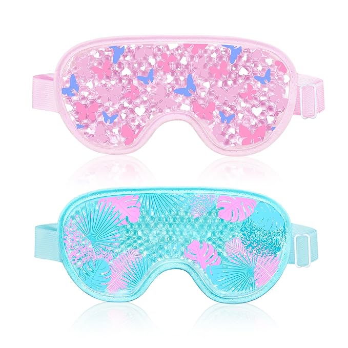 2PCS Cooling Eye Mask Gel Eye Mask, Reusable Hot Cold Therapy cold eye mask for Post Surgery, Puffiness, Dark Circles, Eye Bags, Dry Eyes, Migraines with Soft Plush Backing (Butterfly+Leaves)