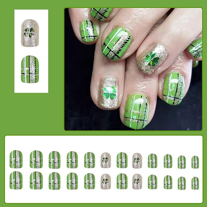 24Pcs St. Patrick's Day Press on Nails Short Square Fake Nails with Four Leaf Clover Glue on Nails Gold Glitter Full Cover False Nails Shamrock Acrylic Nails Irish Stick on Nails Gift for Women
