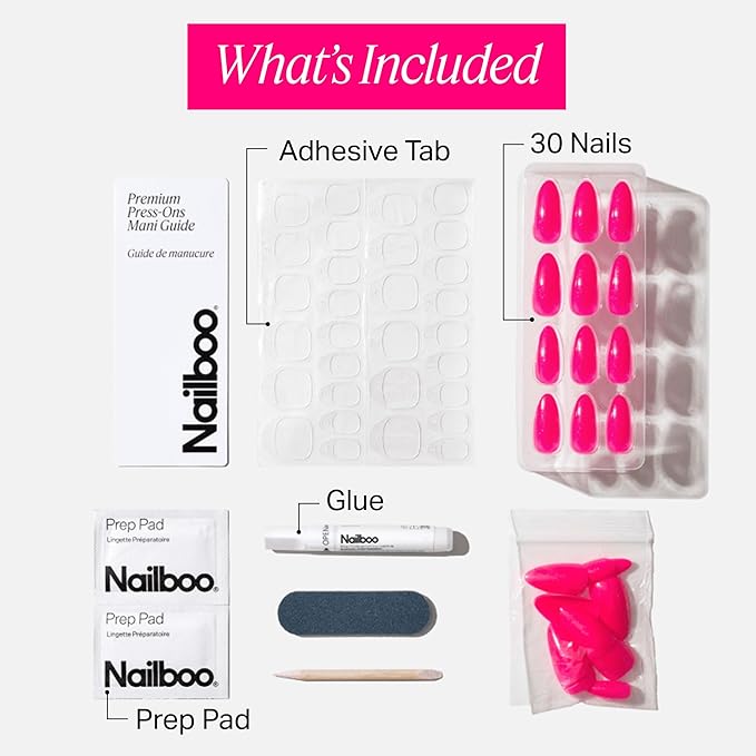 Nailboo Press On Nails, Salon-Quality Reusable Fake Nails for Fast DIY Manicure with Strong Hold Nail Glue for Press Ons, Nail File, & Alcohol Prep Pads, Pink Lemonade