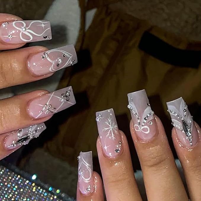 Winter Press on Nails Medium Square Fake Nails with Heart Bow Pearl Rhinestones Designs Gradient Nails Press ons for Women 24Pcs