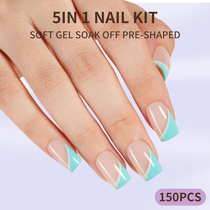 150Pcs Short Press On Nails, French Tip Press On Nails, Soft Gel Stick On Nails Reusable Square Fake Nails for Women 15 Sizes, Pastel Curves