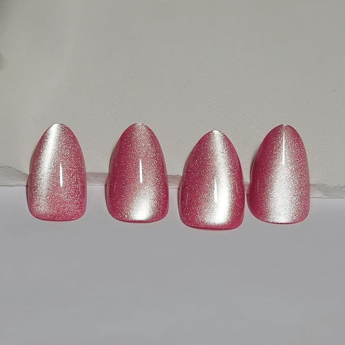Red Almond Press On Nails Short Cat Eye Press on Nails with Glue for Women Ashionable Gel False Nails Reusable Acrylic False Nails Women's Glitter Nails Glue On Nails Kit, Plum Red