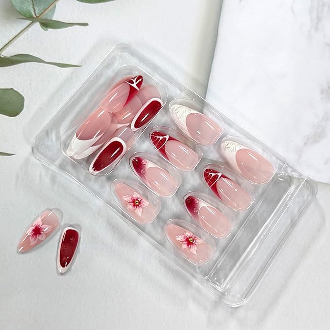 Red French Tip Press on Nails Medium Almond Fake Nails with 3D Flower Designs Summer False Nail Tips Glue on Nails Acrylic Full Cover Stick on Nail for Women Quick Manicure Kit 24Pcs