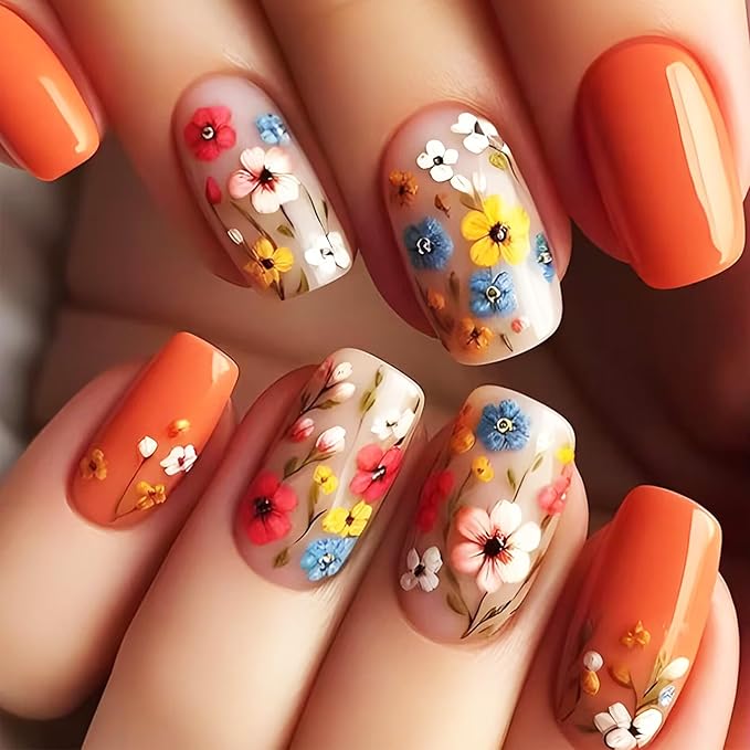 Blue Flower Press on Nails Glossy Orange Fake Nails Short Square Acrylic False Nails 24Pcs Colorful Flowers Stick on Nails Leaves Gel Glue on Nails for Coquette Women Girls