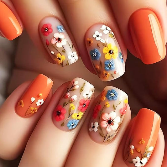 Blue Flower Press on Nails Glossy Orange Fake Nails Short Square Acrylic False Nails 24Pcs Colorful Flowers Stick on Nails Leaves Gel Glue on Nails for Coquette Women Girls