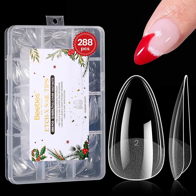 Beetles Gel Nail Tips Etch-X, Almond Short Christmas Limited Set, 288pcs 12 Sizes, Pre-Etched Half Matte Full Cover Soft Acrylic False Nail Tips Almond Shape Easy DIY Extension Salon Gift for Women