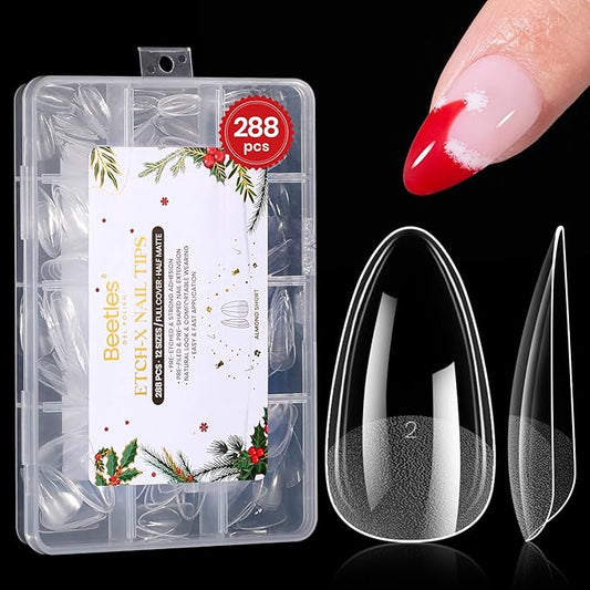 Beetles Gel Nail Tips Etch-X, Almond Short Christmas Limited Set, 288pcs 12 Sizes, Pre-Etched Half Matte Full Cover Soft Acrylic False Nail Tips Almond Shape Easy DIY Extension Salon Gift for Women