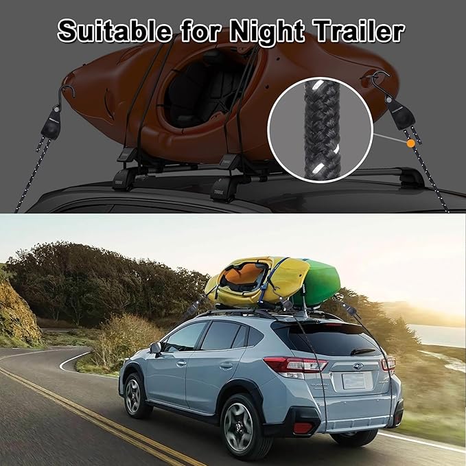 1/4" x12' Kayak Tie Down Straps with Reflective Stripe, Boat Trailer Straps Canoe Bow and Stern Rope Hanger Kayak and Canoe Accessories (Black, 4PCS)