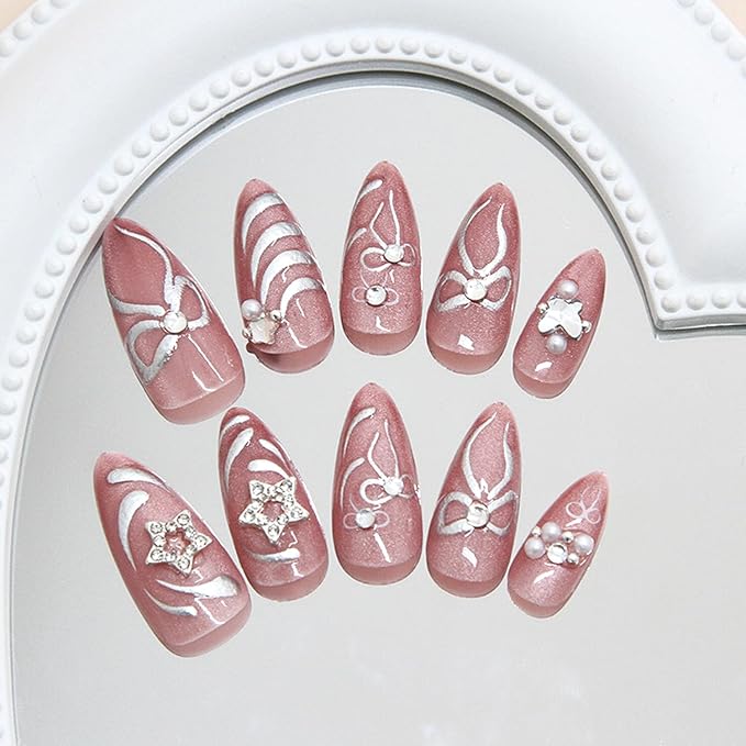 24pcs Pink Press on Nails Medium Almond Fake Nails Silver Bow 3D Diamond Star Charms Design Glossy Acrylic Nails Press ons Cute Stick on Nails Almond False Nail Art Tip for Women Daily Wear
