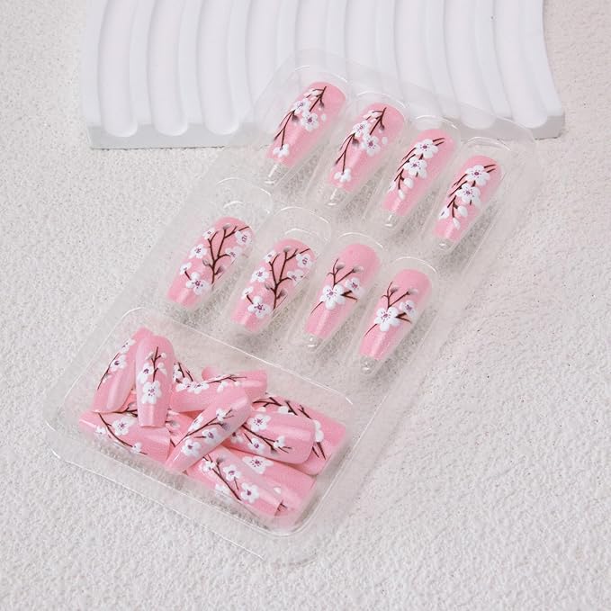 Pink Press on Nails Medium Coffin Fake Nails Sakura Flower Acrylic Nails 3D Floral False Nails Glossy Glue on Nails Stick on Nails Cute Artificial Nails for Women Girls Manicure 24Pcs