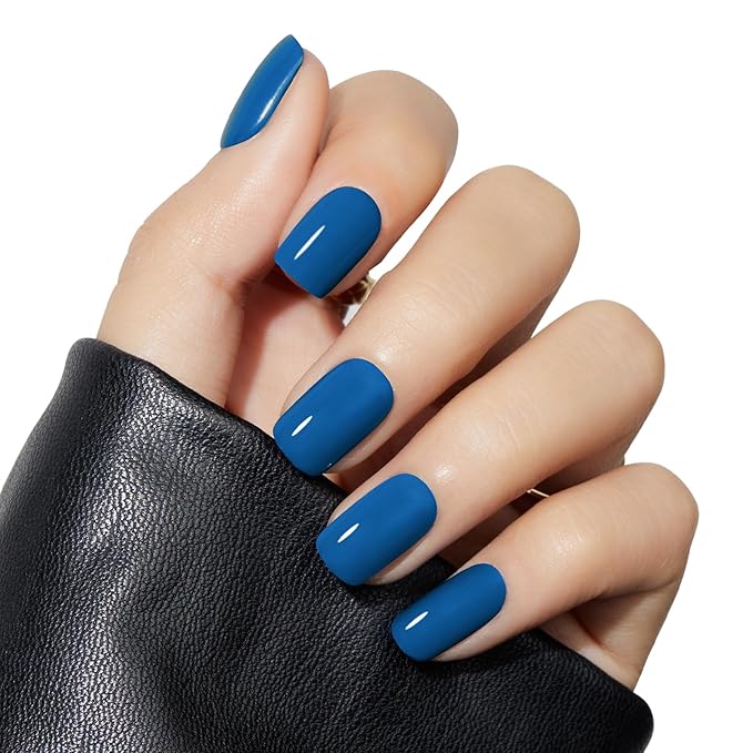 Modelones Blue Press on Nails, Christmas Short Square Fake Nails, Reusable Nail Kit with Nail Glue Adhesive Tabs Mini Nail File, Nails Press Ons 32Pcs 16 Sizes, Women Girl Gift