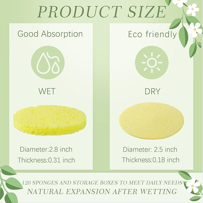 Sieral 120pcs Compressed Facial Sponges Disposable Natural Face Sponges Round Soft Pads with Container for Washing Face Cleansing Exfoliating Esthetician Makeup Removal Travel(Multicolor)