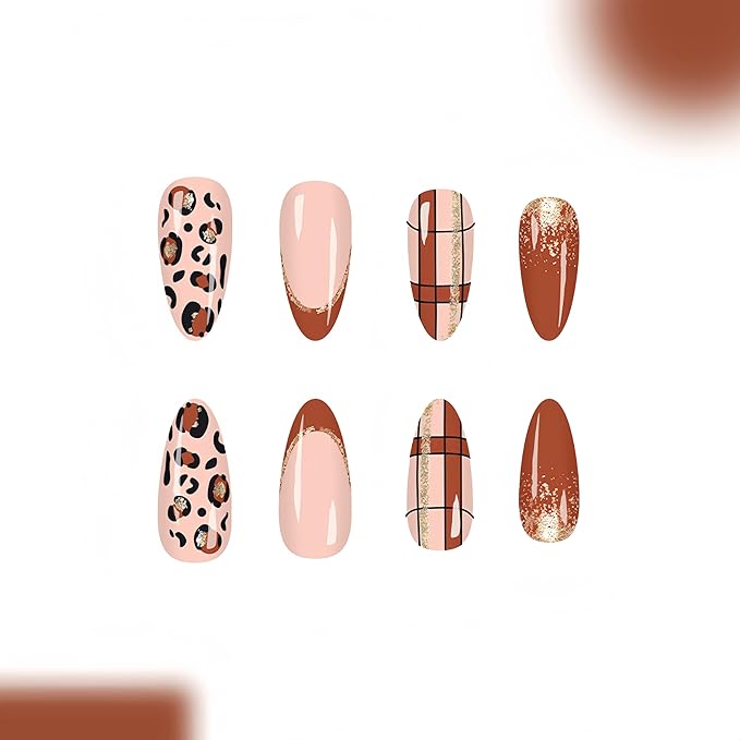 24Pcs Brown Leopard Print French Tip Press on Nails Medium Almond Fake Nails Gold Glitter Leopard Print Designs Cute Plaid False Nails Stick on Nails Fall Winter Maillard Color Glue on Nail for Women