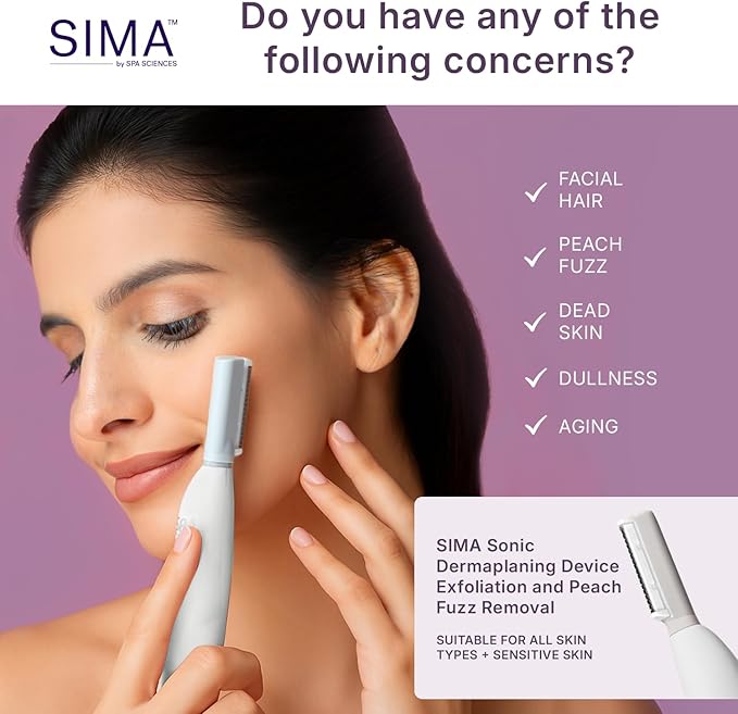 SPA SCIENCES - SIMA Patented Dermaplane Razor for Women Face – Painless 2-in-1 Facial Exfoliation & Peach Fuzz Hair Removal – Anti-Aging – 3 Speeds – Rechargeable – 19 Weeks Treatment