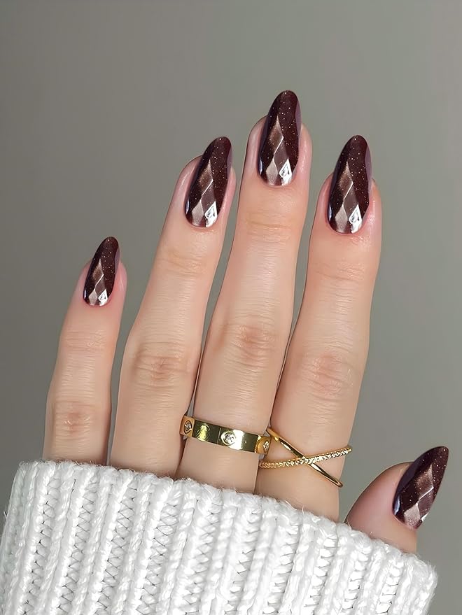 Medium Press on Nails Almond Diamond Fake Nails Elegant False Nail Black Stick on Nail for Women 24pcs