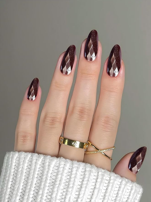 Medium Press on Nails Almond Diamond Fake Nails Elegant False Nail Black Stick on Nail for Women 24pcs