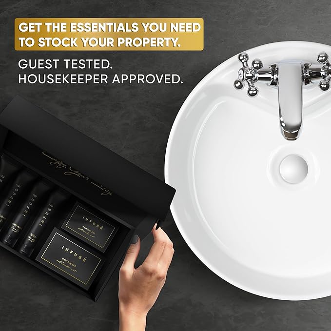 Infuse Black | Amenity & Accessory Kit | 1 oz Travel Size Shampoo, Conditioner, Lotion, Body Wash, Body Bar, 2 Cleansing Bar, Shave & Dental Sets, Make-Up Remover Wipes & Vanity Kit | 15 sets per case