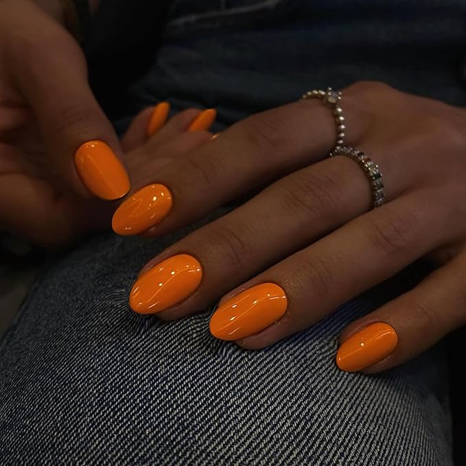 Orange Press On Nails - Short Almond Shape, 24pcs Natural Acrylic Gel, Thick Solid Color Glue Ons