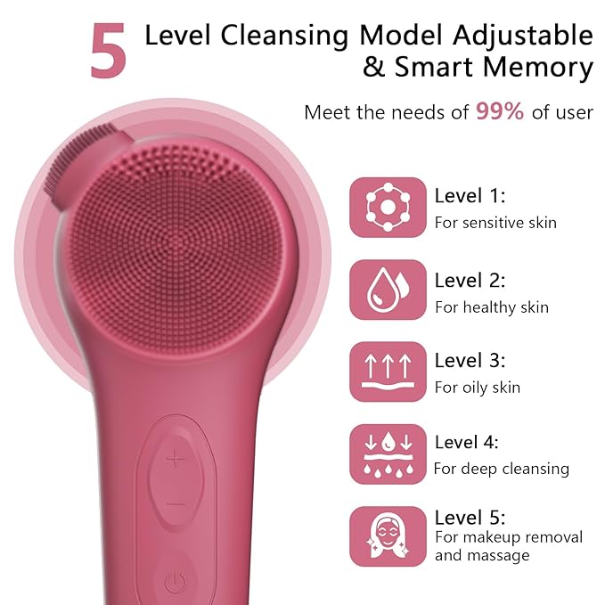 Silicone Face Scrubber, Waterproof Rechargeable Facial Cleansing Brush, 5 Cleansing Modes with Nose Brush for Women & Men Electric Facial Tool for Deep Cleaning Exfoliating, Massaging Berry