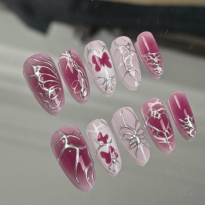 30Pcs Rose Red Press on Nails Medium Almond False Nails 3D Silver Line Designs Y2k Fake Nails Handmade Acrylic Stick on Nails Butterfly False Nails Reusable Full Cover Glue on Nails for Women Manicure