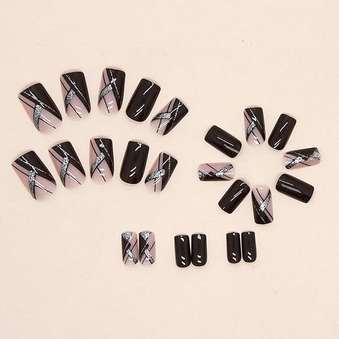 Press on Nails Medium Square Fake Nails Acrylic Nails Press ons Glossy Glue on Nails Fall False Nails with Glitter Line Designs Red Brown Full Cover Artificial Stick on Nails for Women 24Pcs