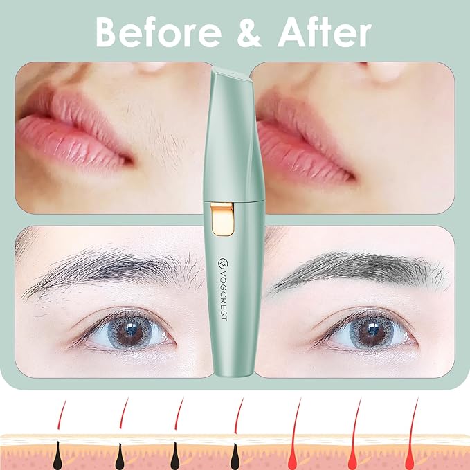 VG VOGCREST Eyebrow Facial Trimmer: 2 in1 Rechargeable Facial Hair Removal and Eyebrow Shaver - Face Lips Body Painless Facial Razor with Built-in LED Light (Pastel Green)