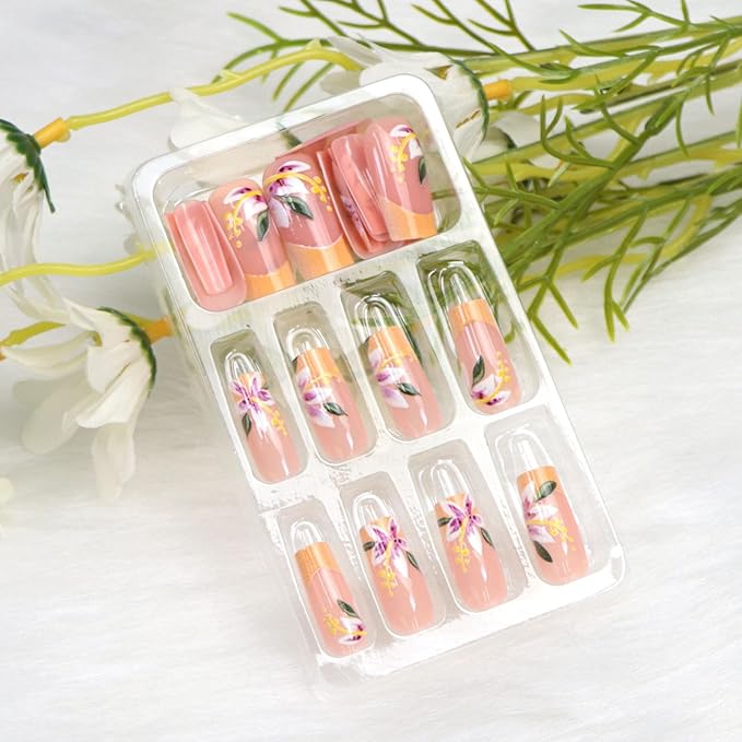French Tip Press on Nails Medium Length Square Fake Nails with Flower Designs Orange Nails Press ons Fall False Nails for Women 24Pcs