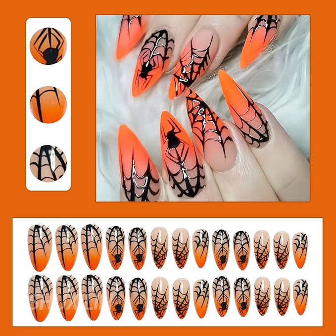 24Pcs Halloween Press on Nails Medium Almond Fake Nails Orange Gradient with Black Spider Spider Web Design Glue on Nails Glossy Full Cover Goth False Nails Acrylic Nail for Women Manicure Decoration