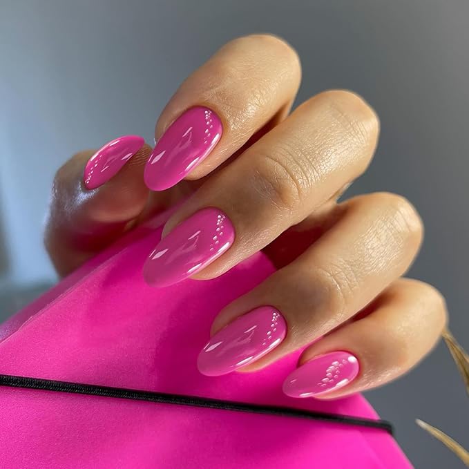 Hot Pink Press on Nails Short Almond Fake Nails Press ons, Thick Solid Color Neon Glue on Nails Short False Nails Medium Almond Nails Oval Round Shaped Nails for Women, 24Pcs Natural Acrylic Gel Nails